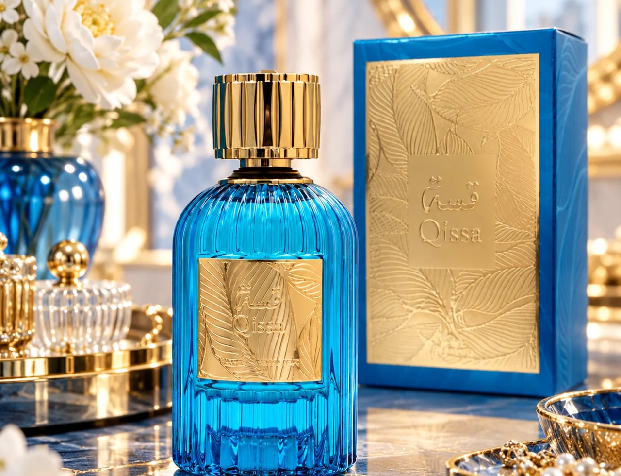 Paris Corner Qissa Blue by Paris Corner 100ml EDP Unisex — Botol minyak wangi kaca biru berjalur dengan penutup emas dan label timbul emas, bersebelahan kotak biru dan emasnya, dengan bunga putih dan pasu biru di latar belakang.
