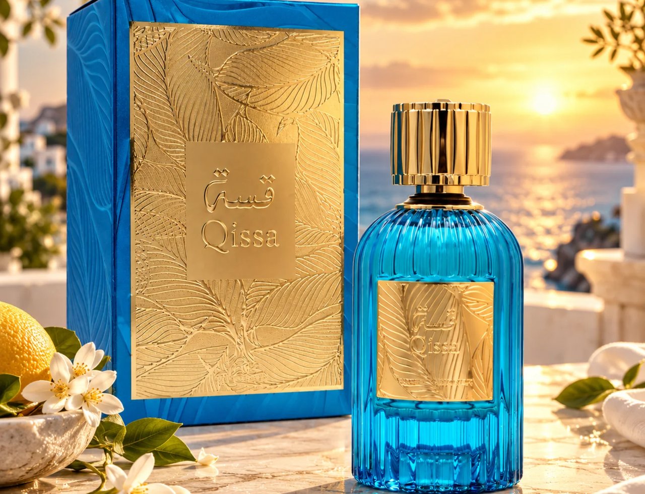 Paris Corner Qissa Blue by Paris Corner 100ml EDP Unisex — Blue fluted glass perfume bottle with gold cap and gold embossed label, next to its blue and gold patterned box, with a lemon and white blossoms in the foreground, set against a sunset sea view.