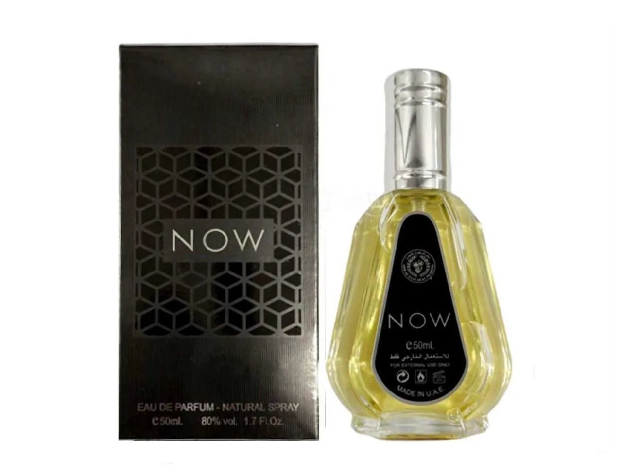 Ard Al Zaafaran Rave Now 50ml EDP for Men — Kotak hitam corak geometri dan logo "NOW" bersebelahan botol minyak wangi kaca jernih berisi cecair kuning dan penutup perak, logo "NOW" pada botol.