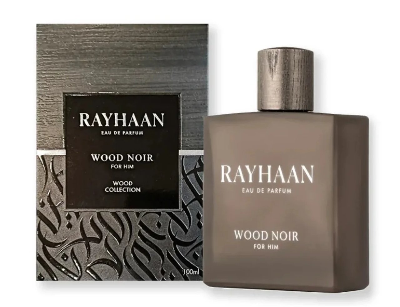 Rayhaan Rayhaan Woody Noir Eau De Parfum 100ml — Set wangian lelaki termasuk kotak dan botol kaca kelabu gelap dengan penutup kayu kelabu, latar belakang putih