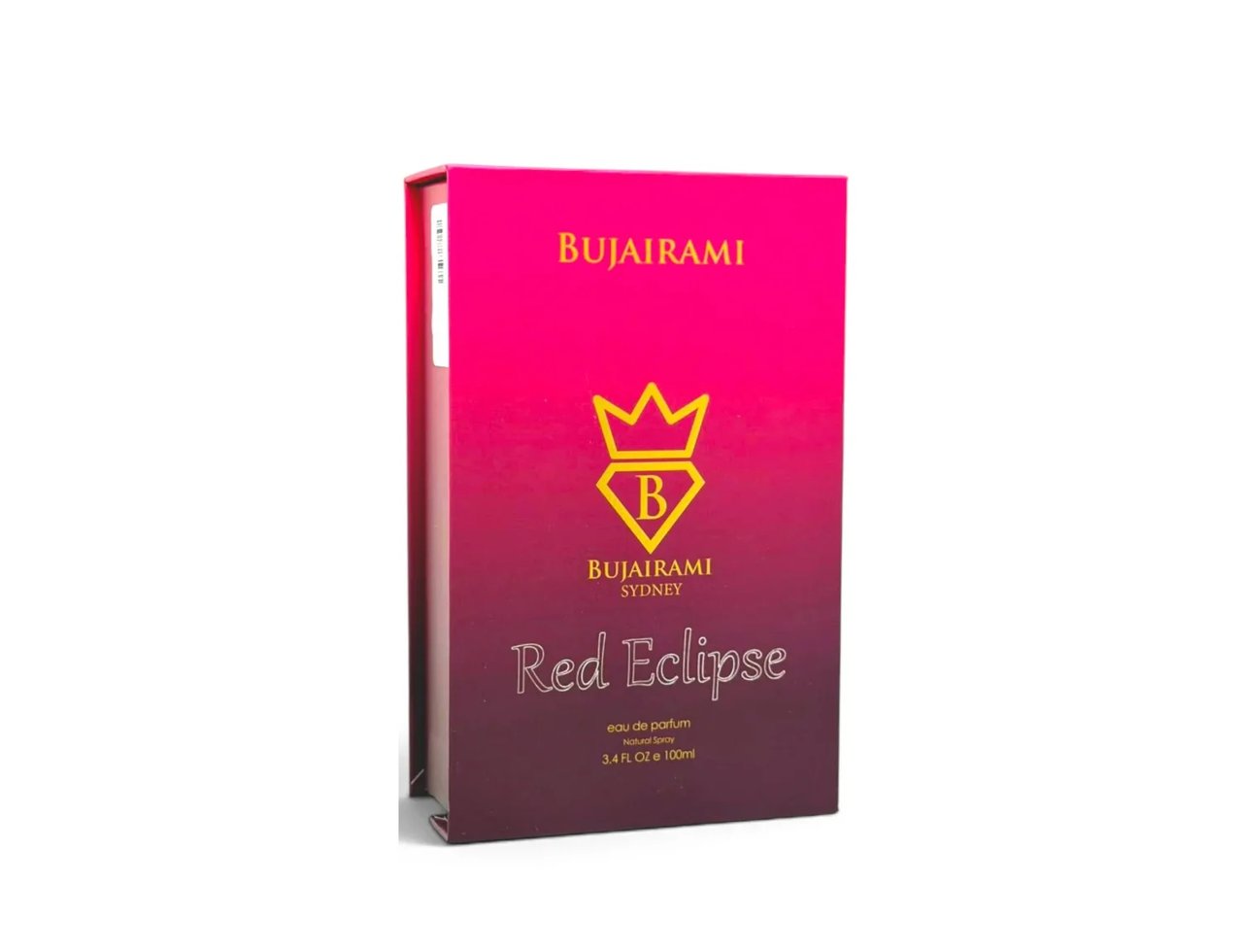 Bujairami Red Eclipse oleh Bujairami 100ml EDP — Kotak wangian Red Eclipse dengan gradien merah jambu ke merah, menampilkan logo Bujairami dengan mahkota dan 'B' dalam berlian.