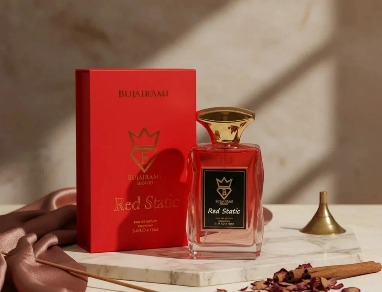 Bujairami Red Static by Bujairami Eau de Parfum 100ml — Botol minyak wangi merah dan kotak sepadan di atas permukaan marmar bersama fabrik sutera, kelopak mawar kering, dan batang kayu manis.