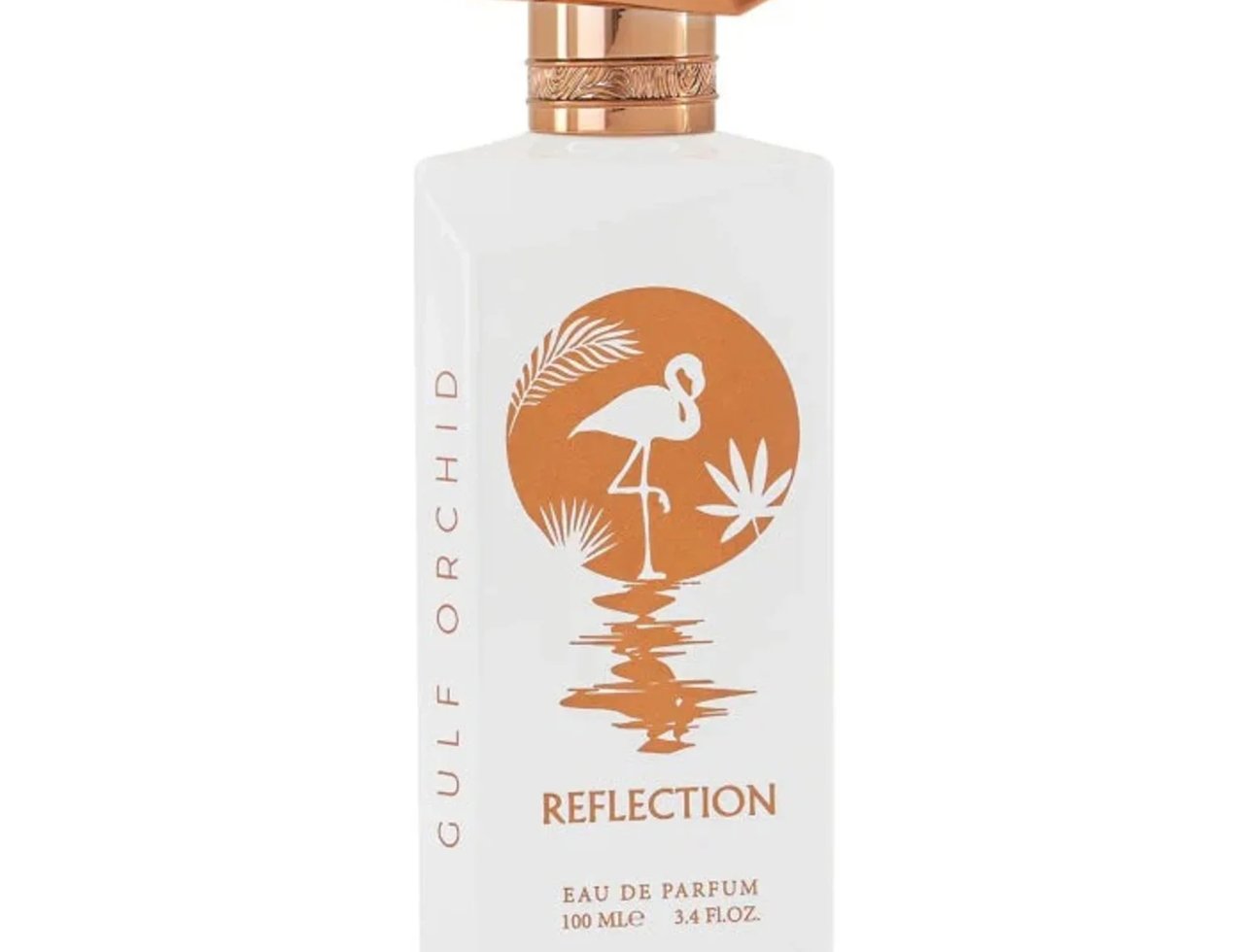 Gulf Orchid Reflection For Her 100ml — Botol minyak wangi putih dengan penutup emas dan perak, dihiasi corak flamingo dan tumbuhan tropika dalam bulatan oren.