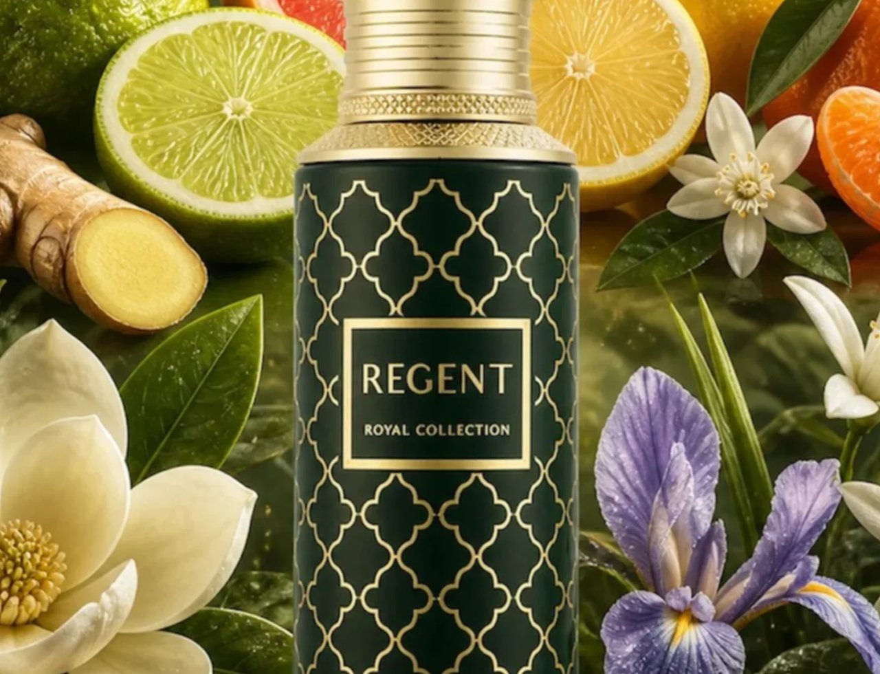 Maison Asrar Regent by Maison Asrar 100ml EDP Unisex — Botol hijau gelap corak emas, penutup emas, dikelilingi buah sitrus, halia, dan bunga putih serta ungu.