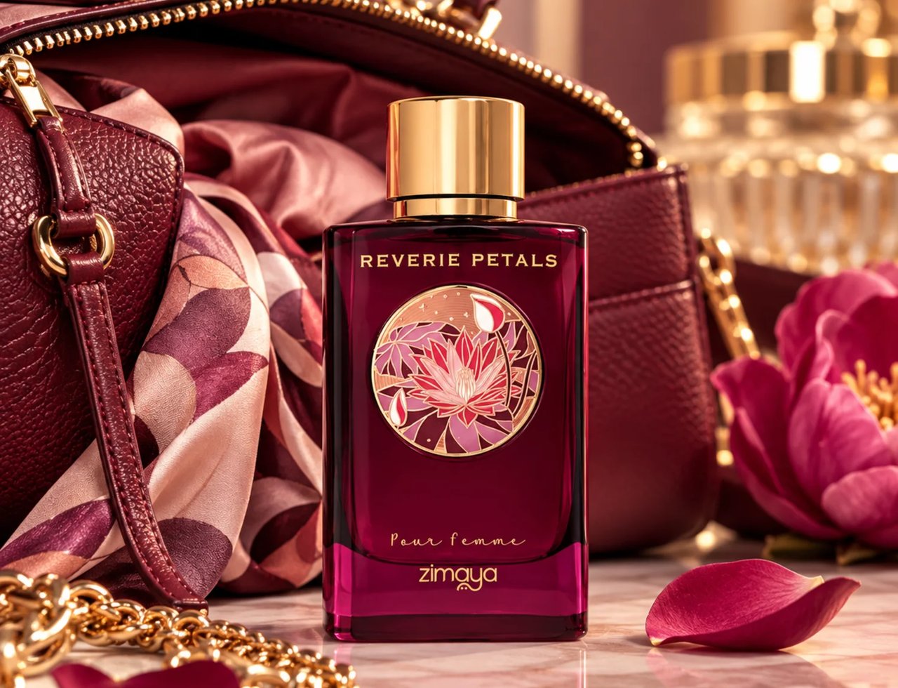 Zimaya Reverie Petals by Zimaya 100ml EDP Women — Botol minyak wangi merah pekat bertutup emas, berhias lambang bunga, terletak bersebelahan beg tangan merah hati, selendang sutera, dan bunga peony merah jambu.