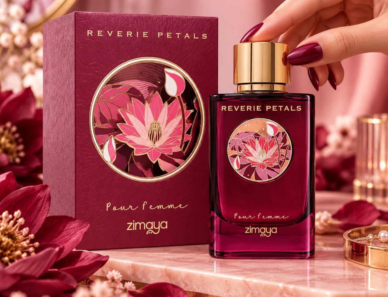 Zimaya Reverie Petals by Zimaya 100ml EDP Women — A woman's hand with dark red nails reaches for the gold cap of a deep red perfume bottle, next to its matching box, surrounded by pink and red floral petals and delicate white flowers on a marble surface.