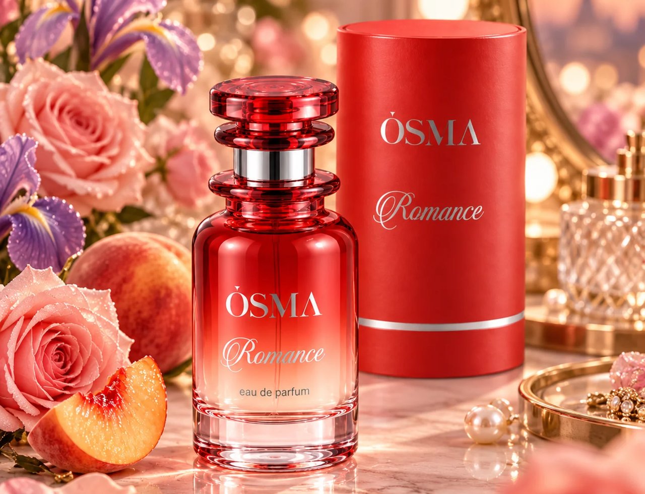 Osma Romance by Osma Perfumes 150ml EDP Women — Red gradient perfume bottle with silver accents, next to a red cylindrical box, surrounded by pink roses, irises, and sliced peaches on a marble surface.