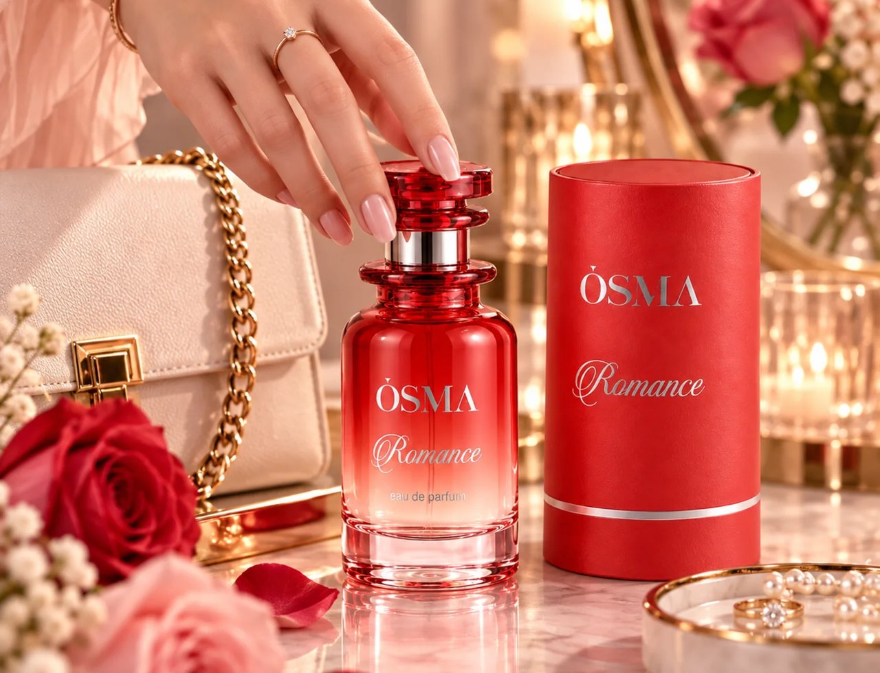 Osma Romance by Osma Perfumes 150ml EDP Women — Tangan bersarung cincin berlian capai botol minyak wangi merah, dengan beg tangan putih, bunga ros dan lilin di latar belakang.