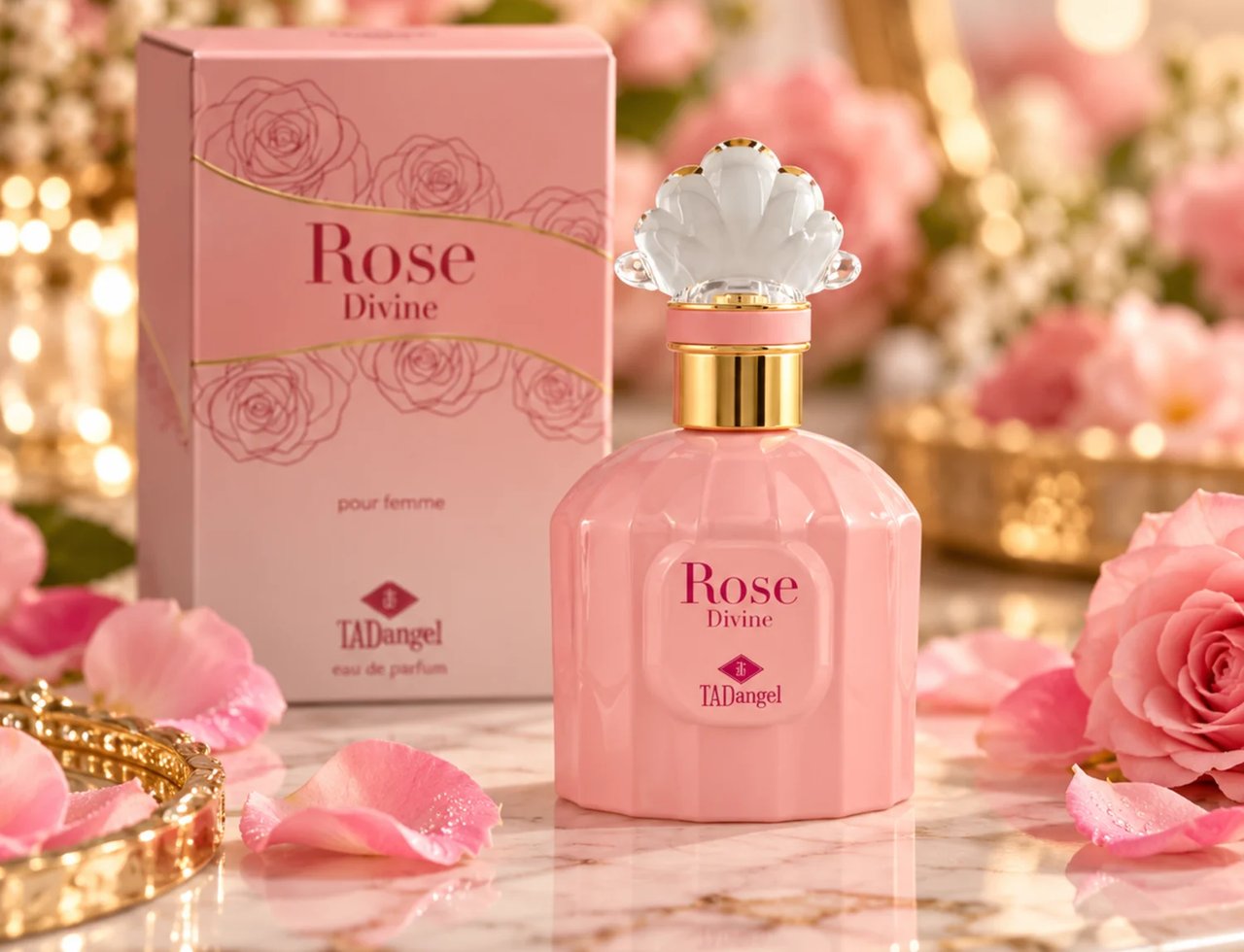 TADangel Rose Divine oleh TADangel 100ml EDP Wanita — Botol minyak wangi merah jambu dengan penutup hiasan putih dan emas, bersebelahan kotak merah jambu sepadan yang dihiasi ilustrasi mawar. Dikelilingi kelopak mawar merah jambu dan bunga di atas permukaan marmar.