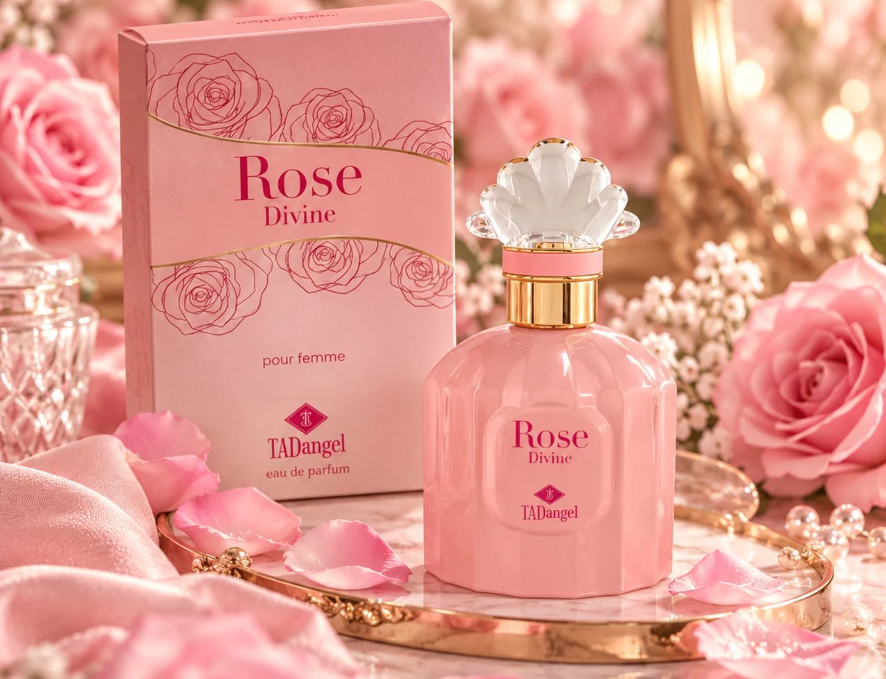 TADangel Rose Divine — Pink perfume bottle and box surrounded by pink roses and petals on a gold tray.