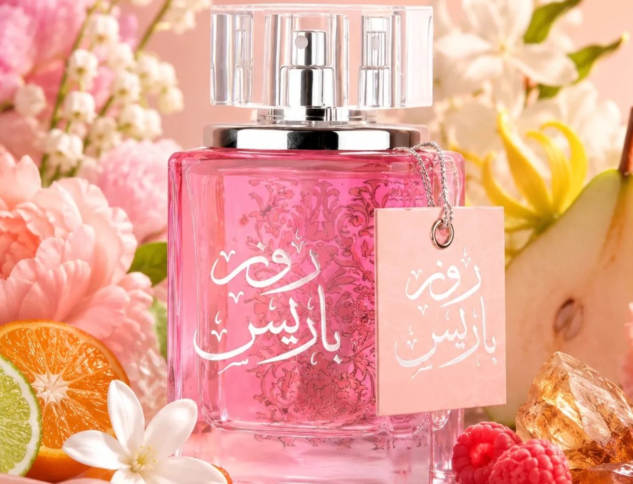 Ard Al Zaafaran Rose Paris Ard Al Zaafaran 100 ml EDP Women — Botol minyak wangi merah jambu dengan kaligrafi Arab, dikelilingi bunga merah jambu, hirisan oren, limau, pir, raspberi, dan kristal.