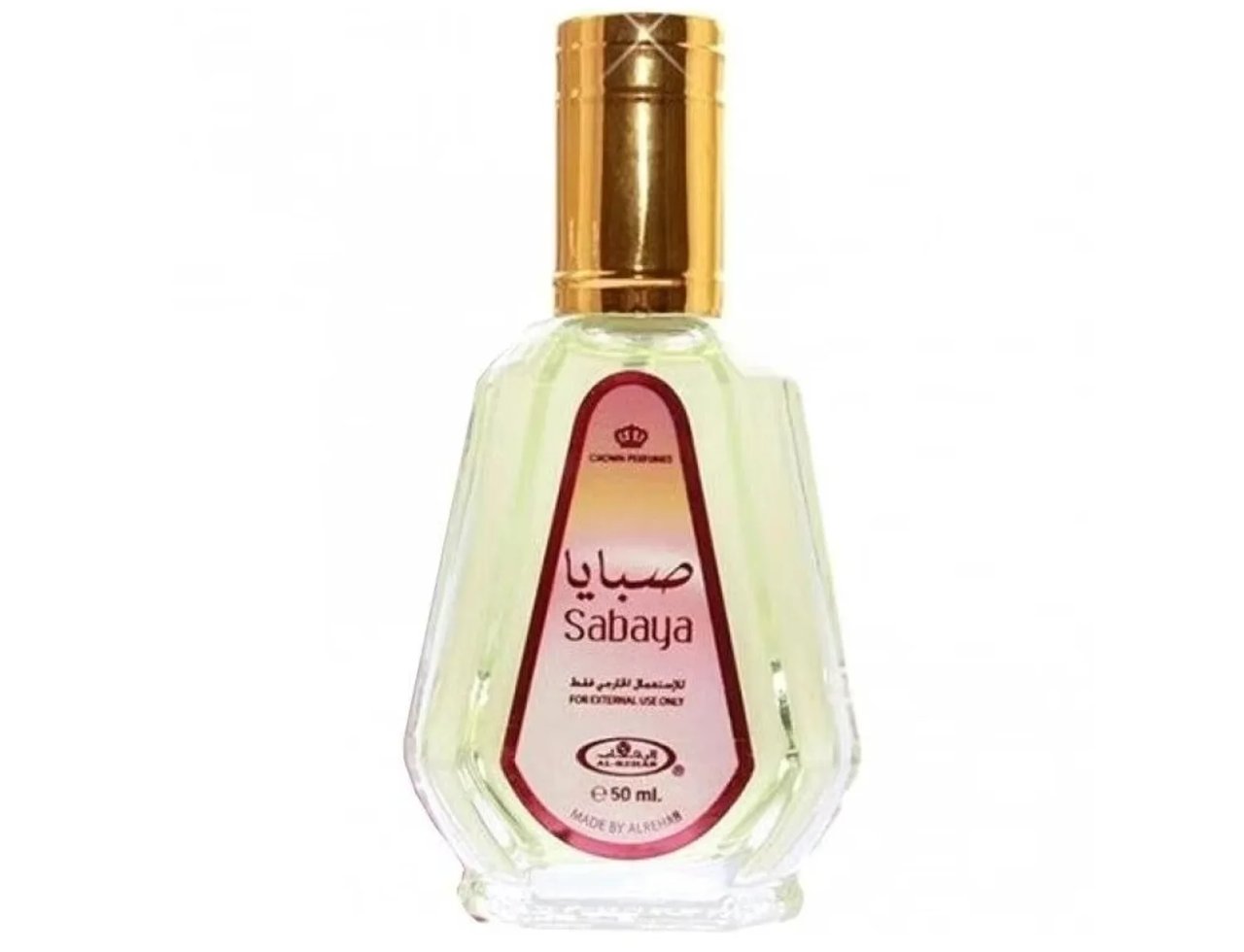 Al Rehab Sabaya by Al-Rehab 50ml EDP — A clear glass perfume bottle with a gold cap, featuring a pink and orange label with Arabic and English text. | Al Rehab Sabaya by Al-Rehab 50ml EDP — Botol minyak wangi kaca jernih bertudung emas, menampilkan label merah jambu dan oren dengan teks Arab dan Inggeris.