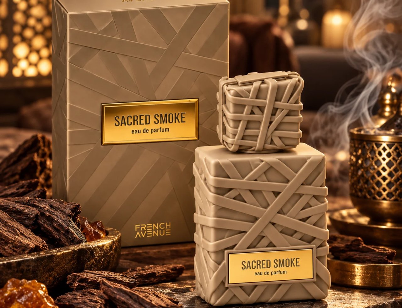 French Avenue Sacred Smoke — Kotak dan botol emas bertekstur seperti reben, dikelilingi serpihan kayu oud dan ketulan resin amber, dengan asap naik dari pembakar hiasan di latar belakang.
