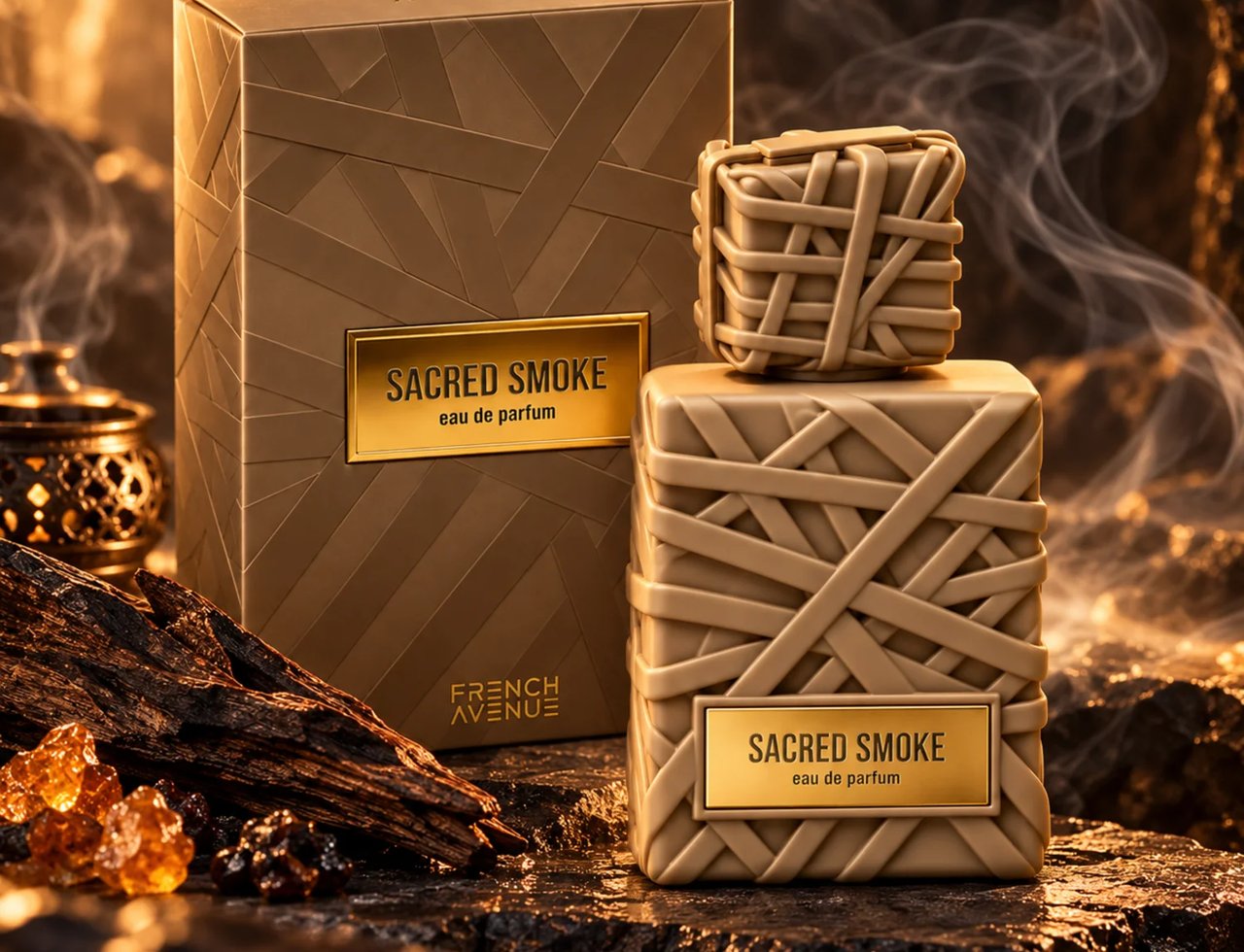 French Avenue Sacred Smoke — Gold box and bottle with woven texture, set on dark rocks with amber crystals and oud wood, smoke rising.