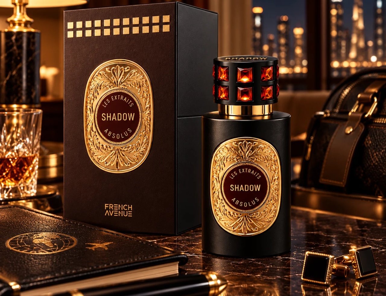 French Avenue Shadow Absolus by French Avenue Extrait Unisex — Botol minyak wangi hitam berlabel emas berukir dan penutup bertatah permata, bersebelahan kotak coklatnya, di atas permukaan marmar bersama buku nota dan pen.