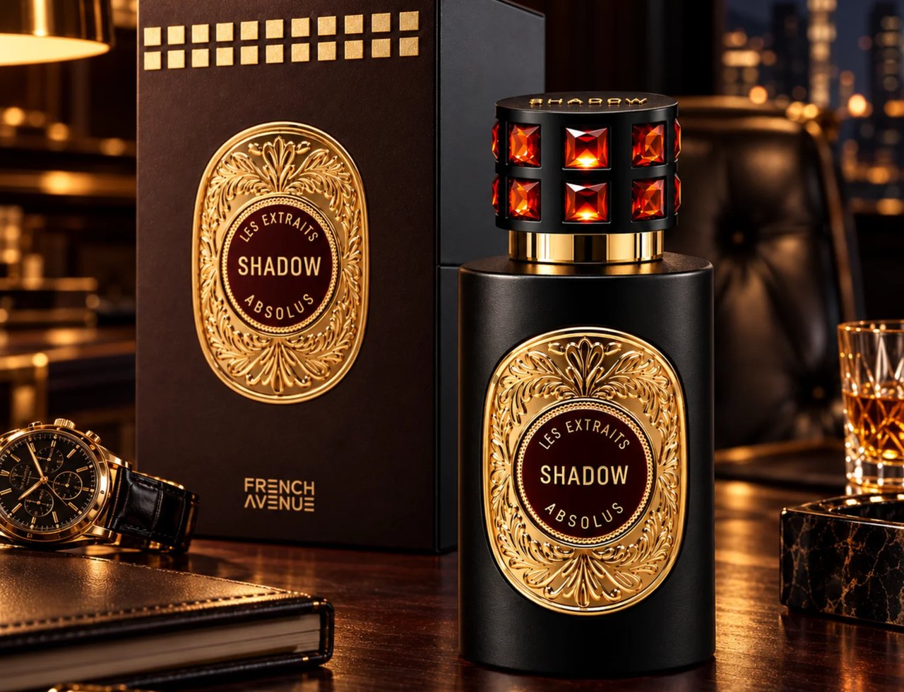 French Avenue Shadow Absolus by French Avenue Extrait Unisex — Black perfume bottle with ornate gold label and jeweled cap, next to its dark brown box on a wooden desk with a watch and notebook.