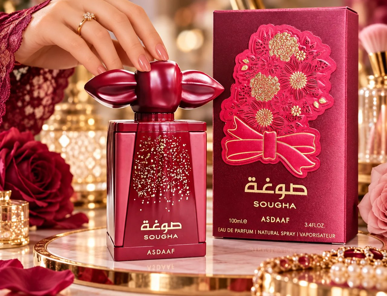 Asdaaf Sougha by Asdaaf 100ml EDP Women — A woman's hand with a ring is touching the red perfume bottle's decorative cap. The bottle and its red box with floral design are on a marble surface with roses and jewelry.