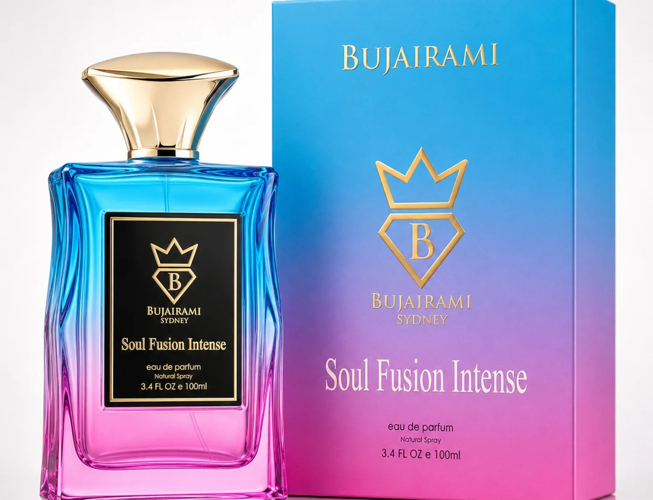 Bujairami Soul Fusion Intense — Blue and pink gradient glass perfume bottle with gold cap, next to its matching gradient box. Black label with gold crown logo and text.