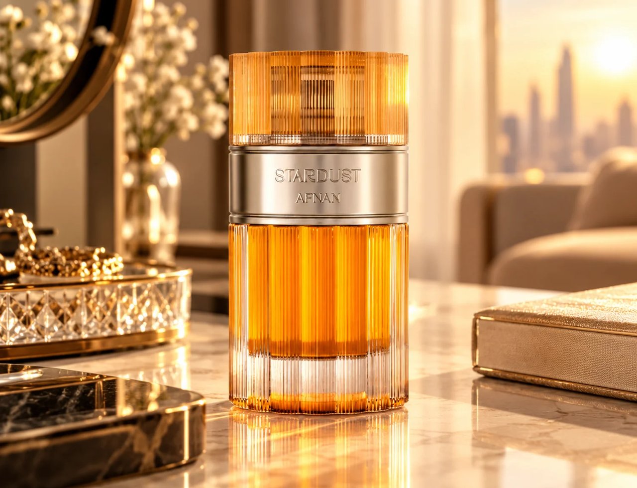 Afnan Stardust by Afnan 100ml Extrait Unisex — Botol minyak wangi berwarna ambar dengan penutup berjalur emas dan jalur perak, diletakkan di atas permukaan marmar dengan latar belakang kabur langit bandar waktu matahari terbenam dan hiasan dalaman.