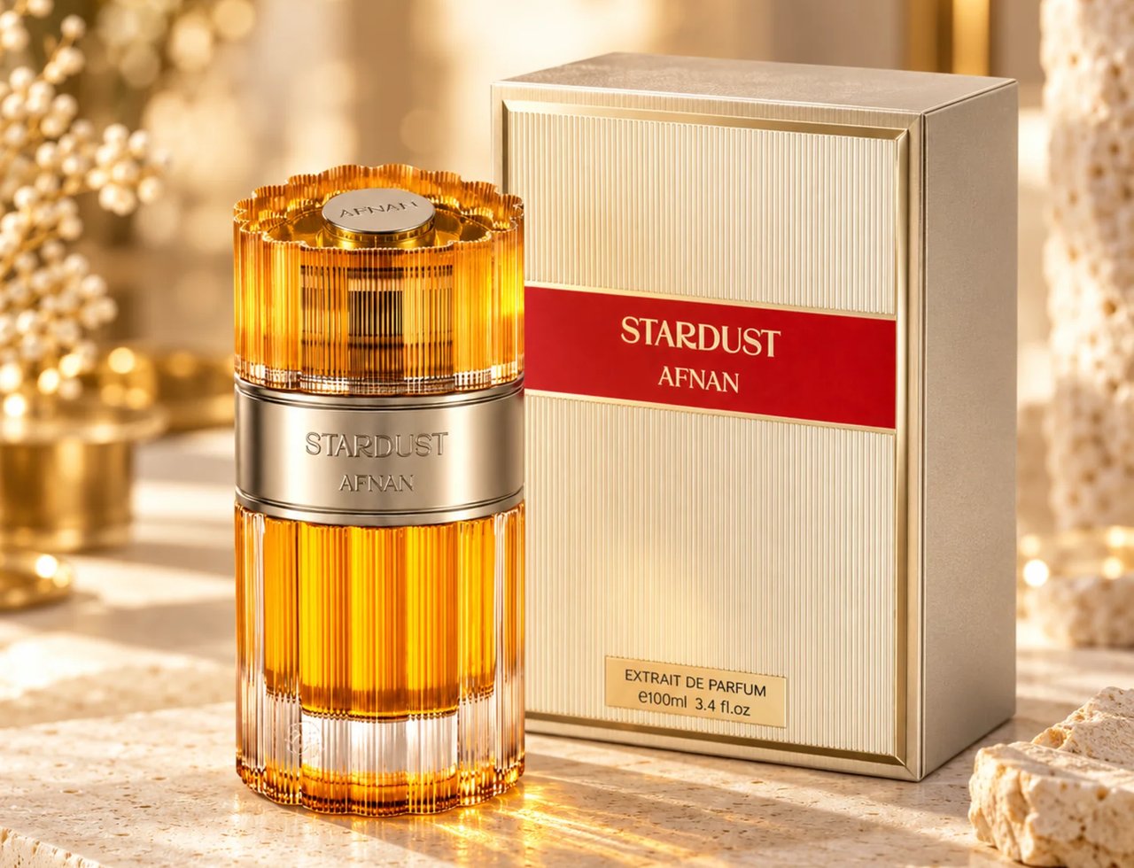 Afnan Stardust by Afnan 100ml Extrait Unisex — Amber liquid perfume bottle with fluted gold cap, next to its textured gold and red box, on a stone surface with soft bokeh background.