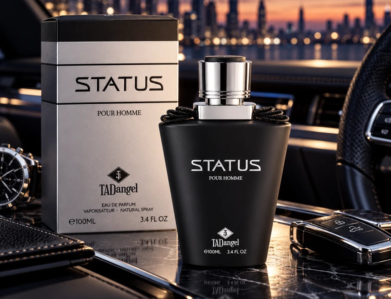 TADangel Status by TADangel 100ml EDP Lelaki — Botol dan kotak wangian hitam dengan aksen perak, diletakkan di atas permukaan marmar bersama kunci kereta dan jam tangan, latar belakang langit bandar senja.