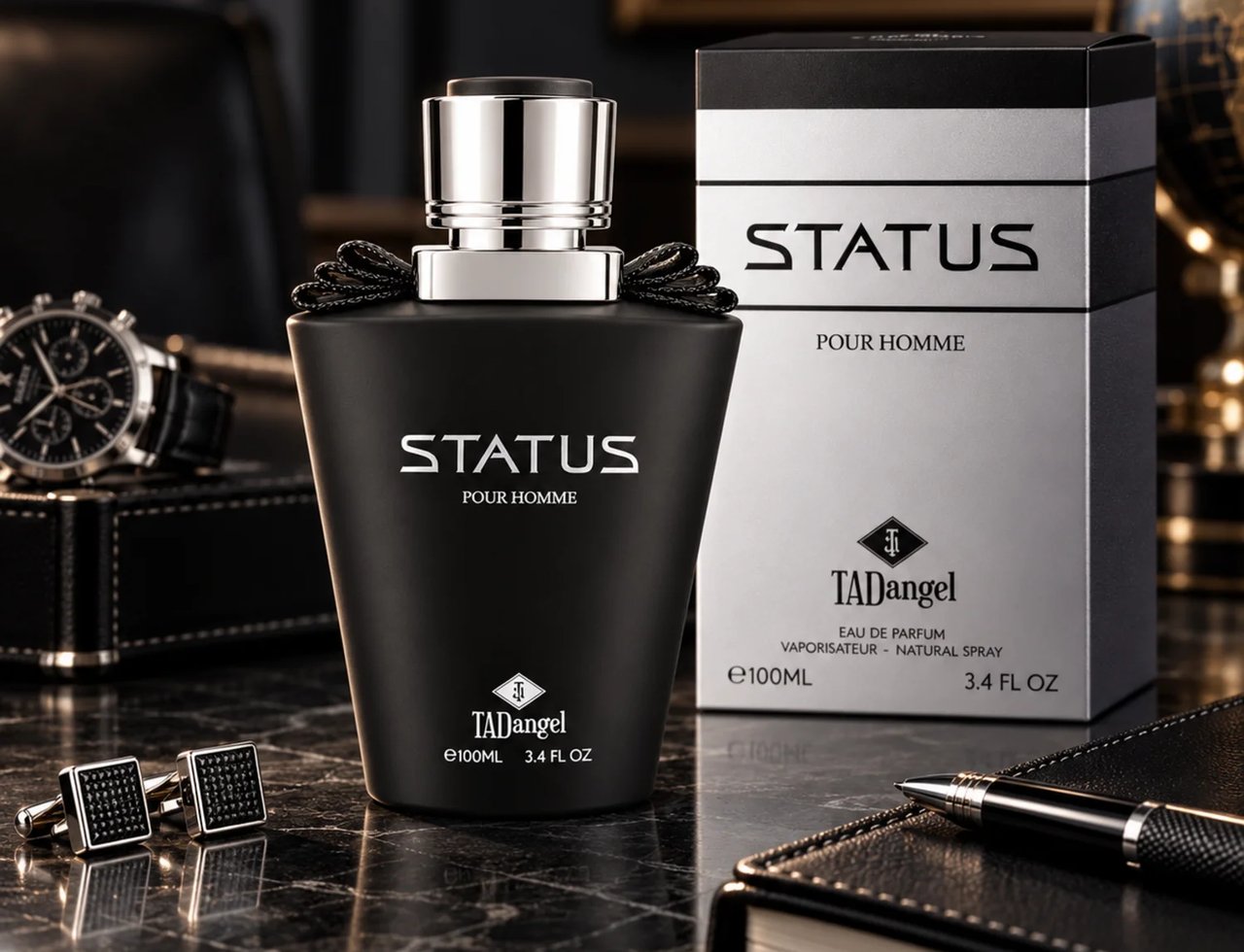 TADangel Status by TADangel 100ml EDP Men — Black perfume bottle with silver cap, presented with its box, cufflinks, watch, and notebook on a marble surface.