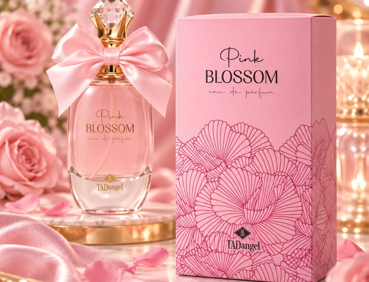 TADangel Pink Blossom 100ml EDP Women — A pink perfume bottle with a satin bow and crystal cap, next to its pink floral-patterned box, surrounded by pink roses and satin fabric.
