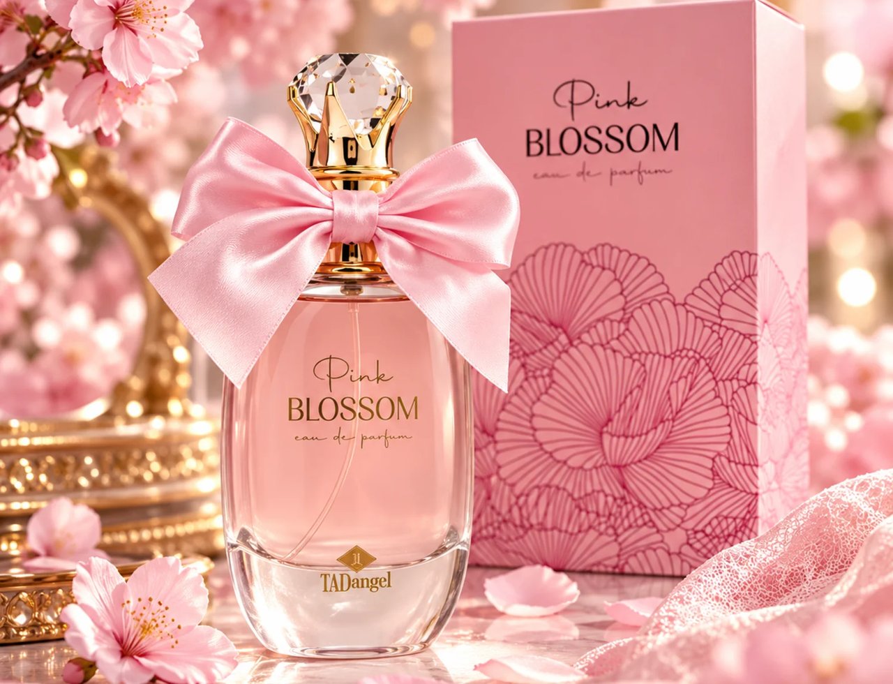 TADangel Pink Blossom 100ml EDP Women — Botol minyak wangi merah jambu dengan reben satin besar dan penutup kristal, bersebelahan kotak merah jambunya yang dihiasi corak bunga, dikelilingi bunga sakura dan kelopak merah jambu.