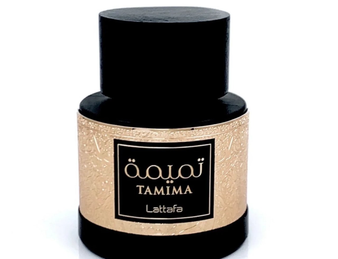 Lattafa Tamima — Botol wangian hitam legam dengan penutup silinder hitam, label emas bertekstur dengan tulisan Arab dan Inggeris 'TAMIMA LATTAFA'