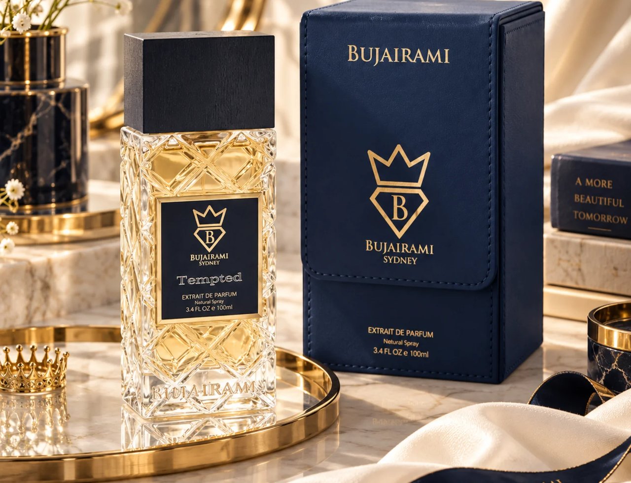 Bujairami Tempted 100ml Extrait Perfume Unisex — Clear faceted glass bottle with gold accents and black cap, placed on a gold tray next to its navy blue presentation box. White flowers and marble accents in the background.