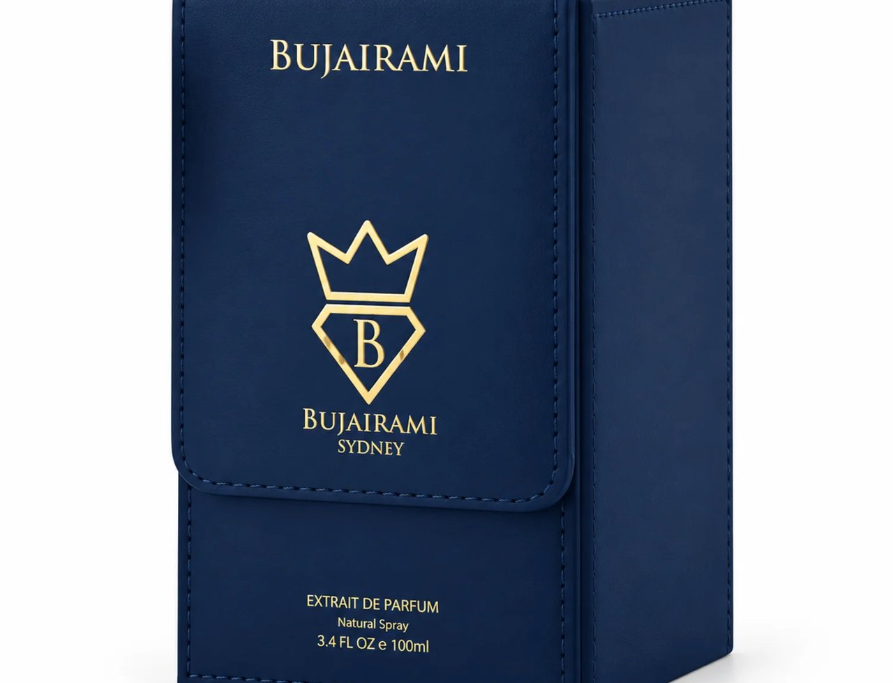 Bujairami Tempted Bujairami 100ml Ekstrak Pewangi Unisex — Kotak persembahan kulit biru navy untuk minyak wangi, menampilkan logo mahkota emas dan berlian dengan huruf 'B', serta teks emas 'BUJAIRAMI SYDNEY' dan 'EXTRAIT DE PARFUM Natural Spray 3.4 FL Oz e 100ml'.