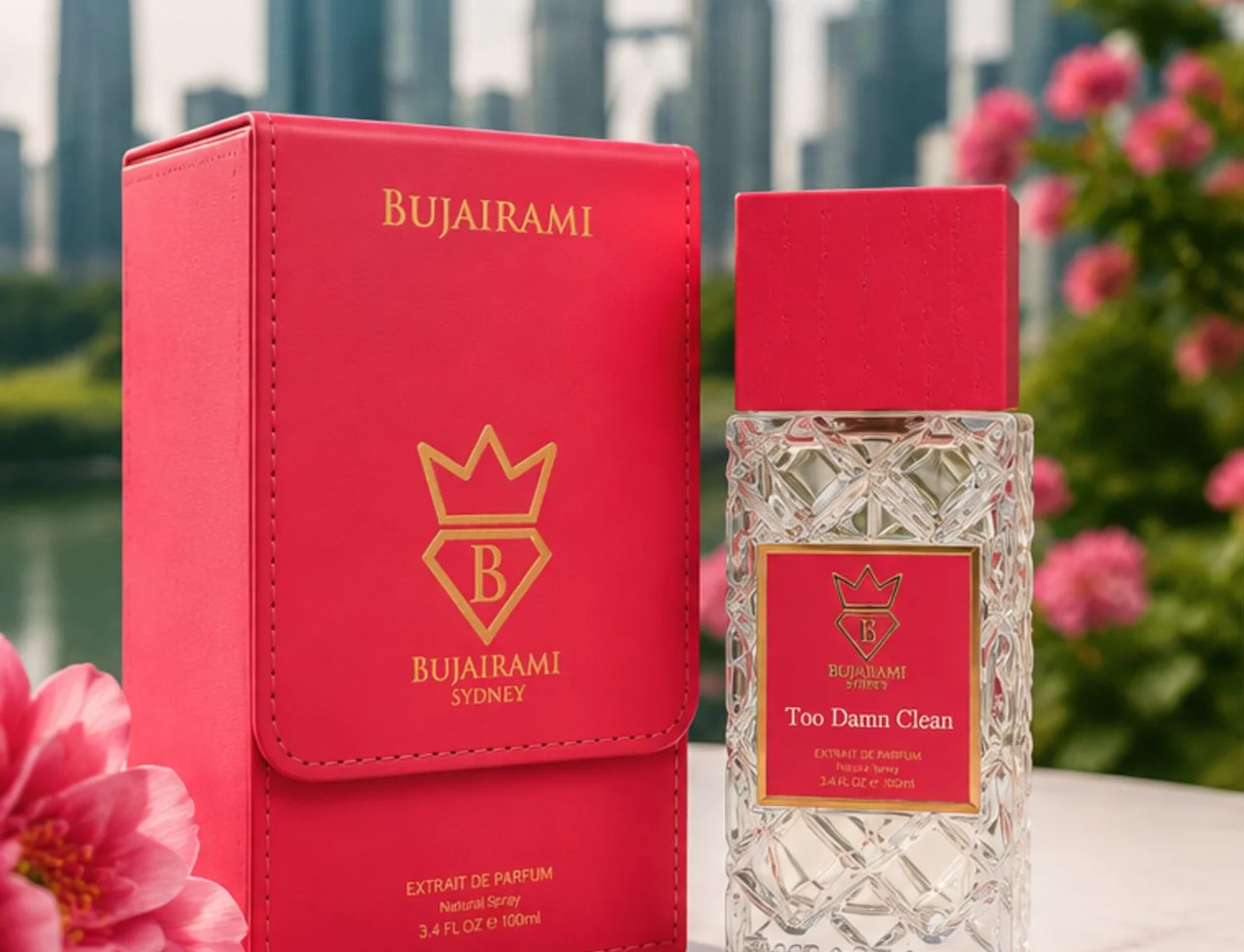 Bujairami Too Damn Clean 100ml Extrait — Kotak merah dan botol minyak wangi kaca jernih bertudung merah, berlatar belakang langit bandar kabur dan bunga merah jambu.