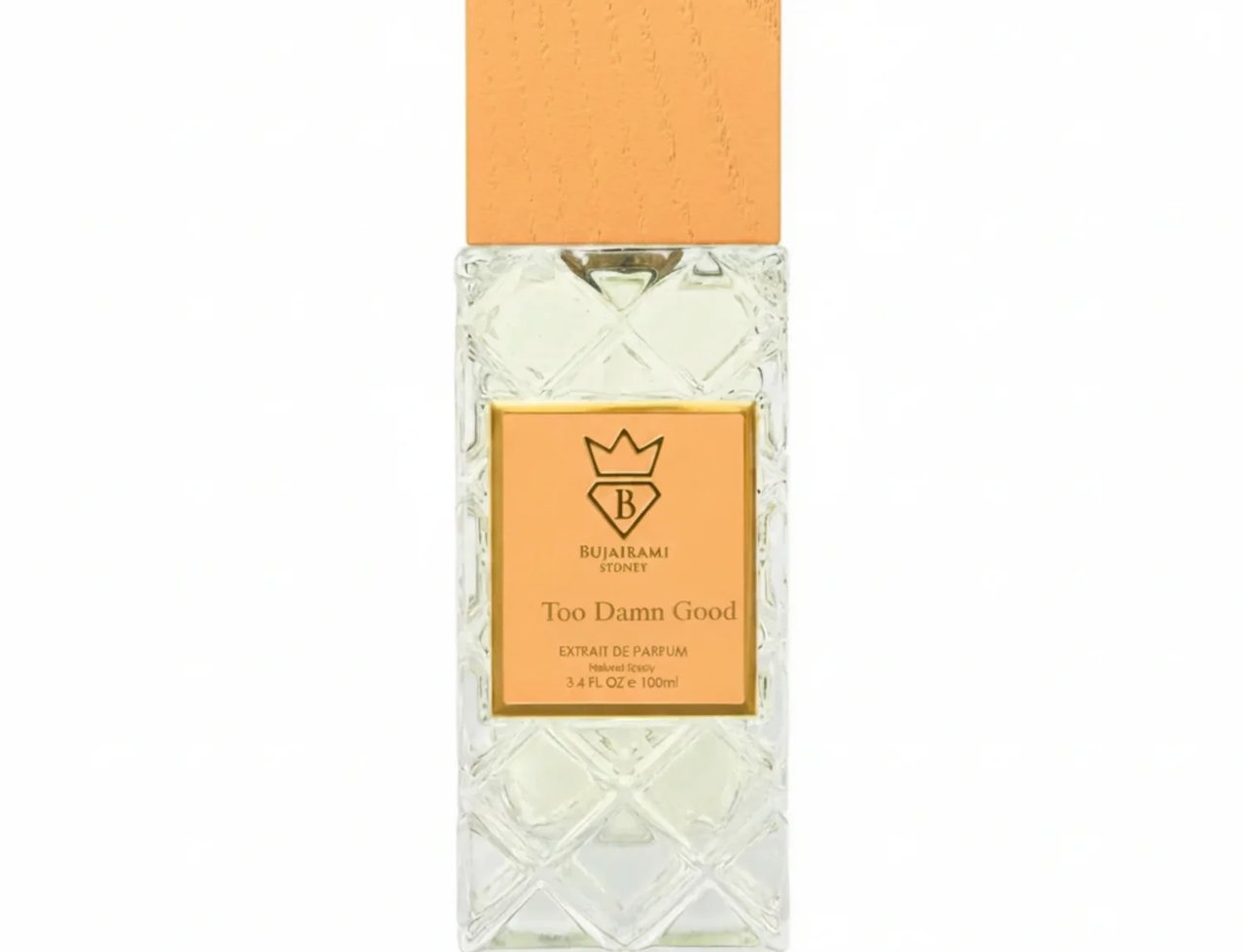 Bujairami Too Damn Good — Botol minyak wangi kaca jernih bercorak berlian bertekstur, penutup kayu oren, dan label emas memaparkan logo jenama serta nama produk.