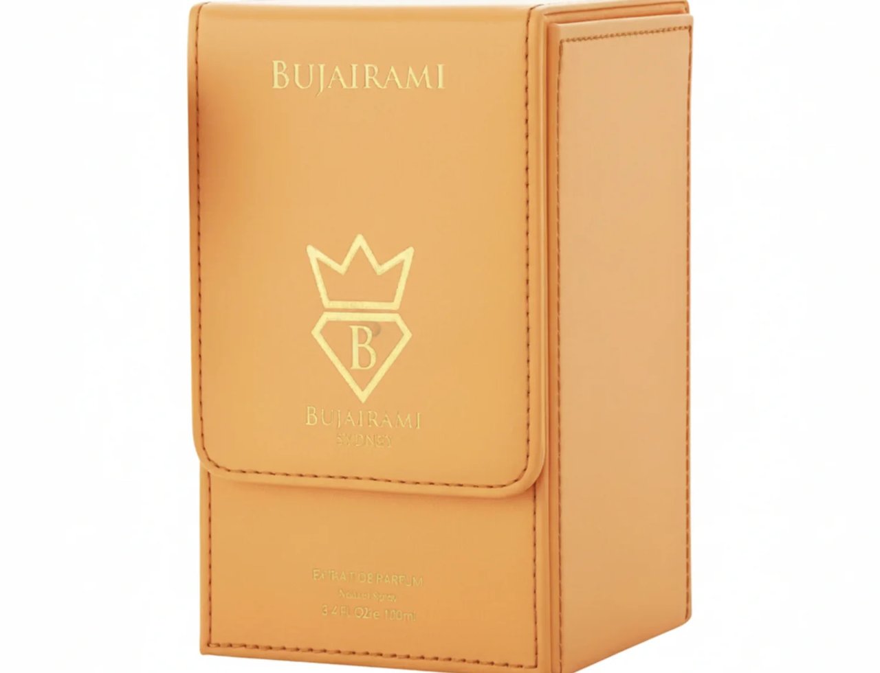 Bujairami Too Damn Good by Bujairami 100ml Extrait de Parfum — Orange leather box with gold embossed logo and text, closed flap.