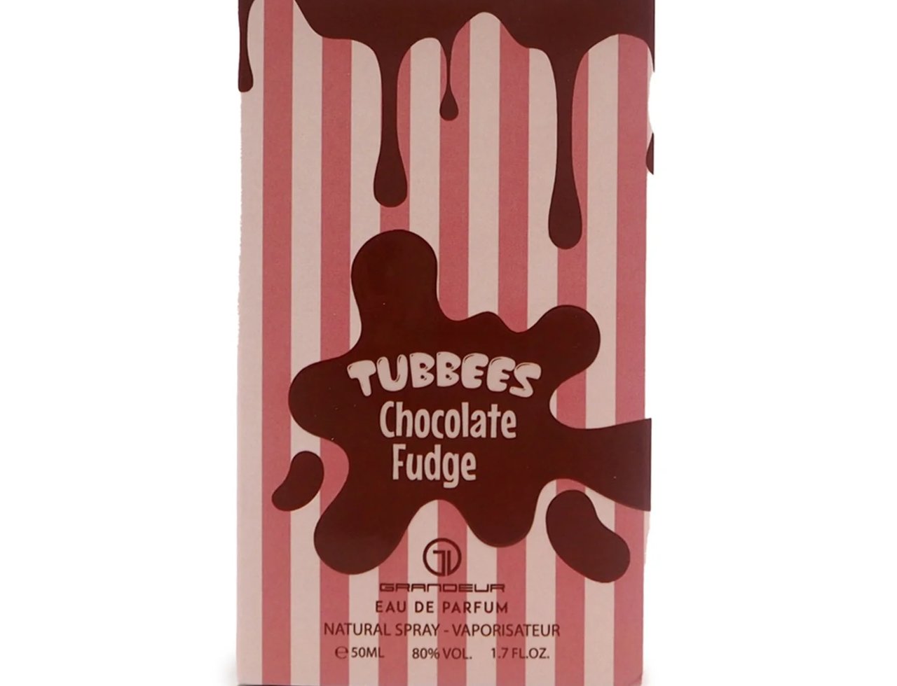 Grandeur Tubbees Chocolate Fudge by Grandeur 50ml EDP — A pink and white striped perfume box with chocolate drips and a chocolate splash graphic featuring the text 'TUBBEES Chocolate Fudge'. | Grandeur Tubbees Chocolate Fudge by Grandeur 50ml EDP — Kotak pewangi berjalur merah jambu dan putih dengan titisan coklat dan