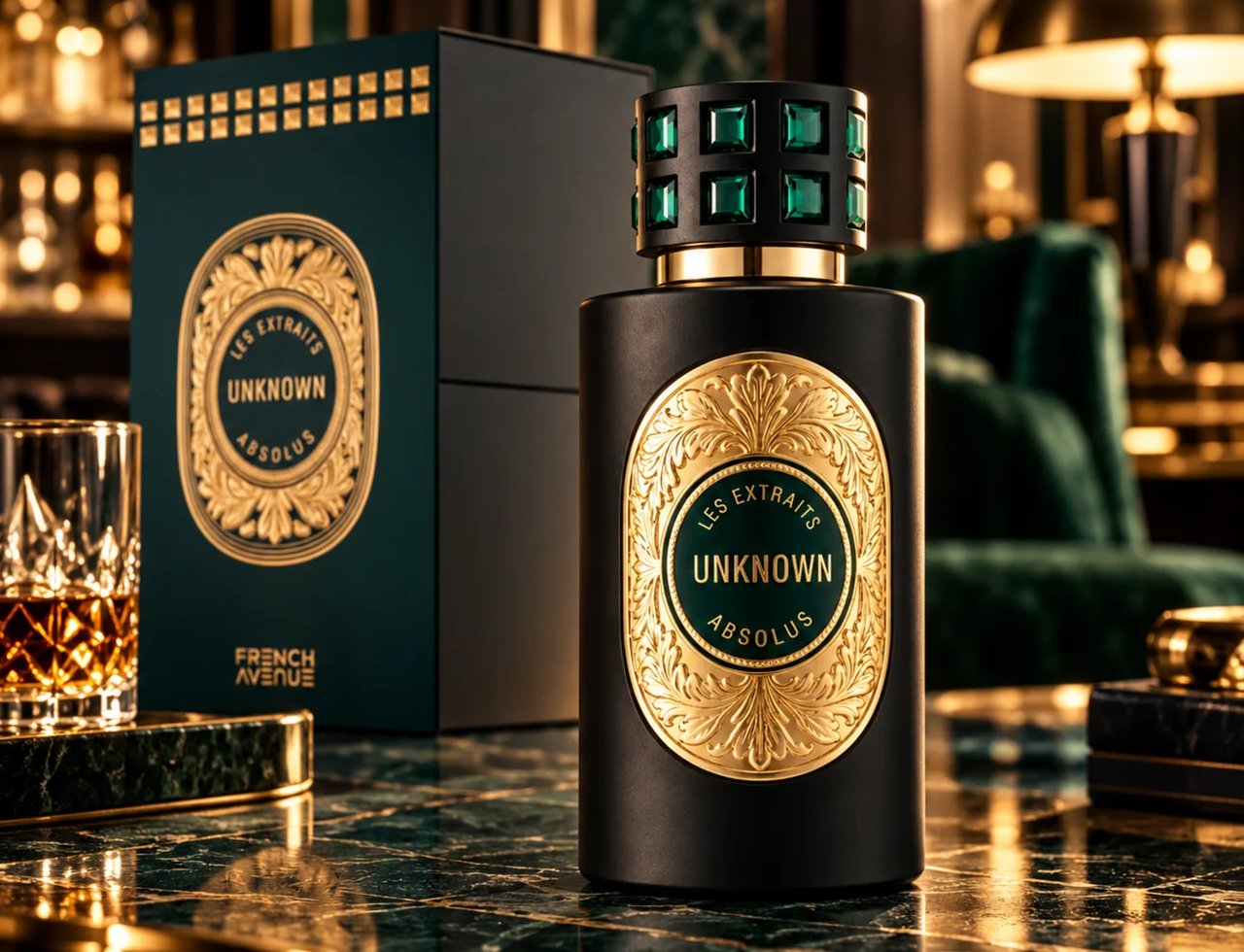 French Avenue Unknown Absolus Les Extraits — Botol minyak wangi hitam berlabel emas berukir dan penutup berhias jeda hijau, bersebelahan kotak hijau gelapnya dan segelas cecair perang di atas permukaan marmar.