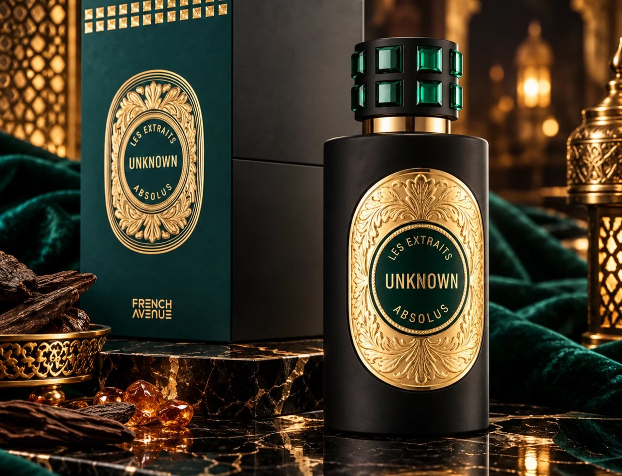French Avenue Unknown Absolus Les Extraits — Black perfume bottle with gold ornate label and green gem cap, next to its dark green and gold box, on a marble surface with oud wood chips and amber gems.