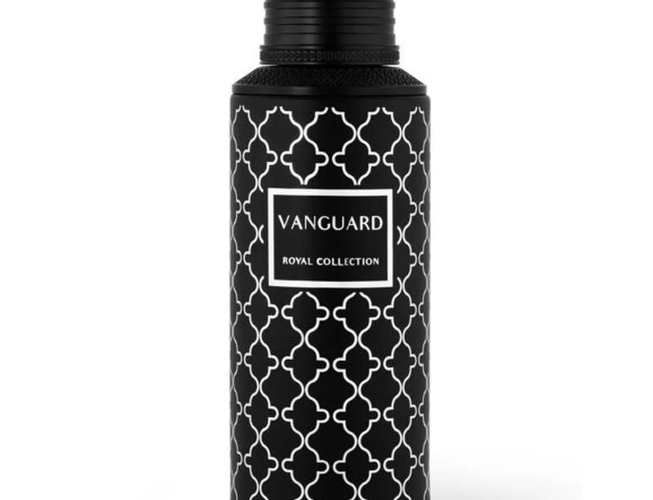 Vanguard by Maison Asrar — Black bottle with white geometric pattern and a white label reading 'VANGUARD ROYAL COLLECTION'.