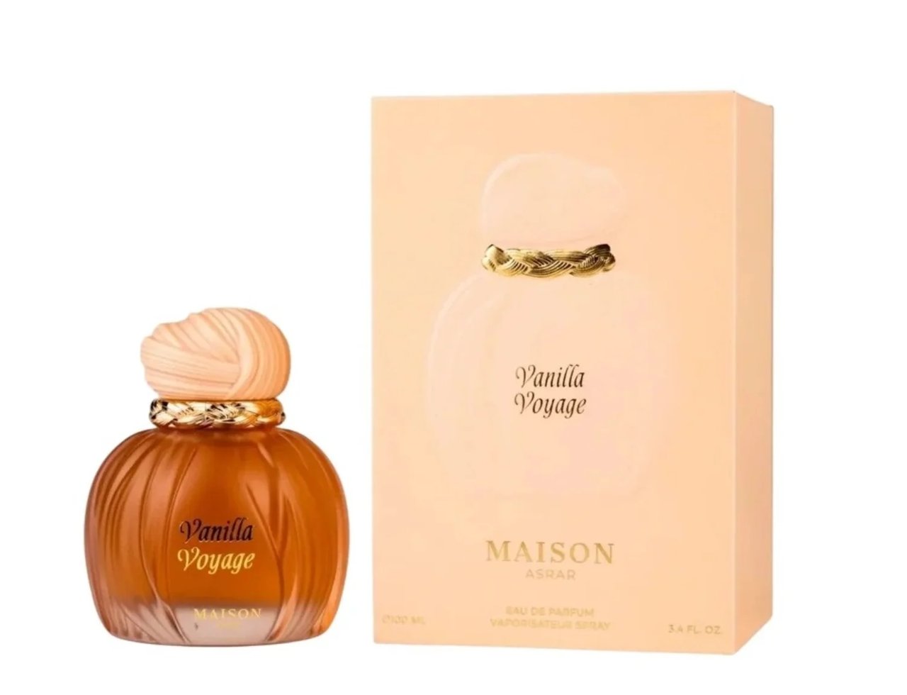 Maison Asrar Vanilla Voyage — Amber glass perfume bottle with a textured peach cap and gold trim, next to its matching peach box with a gold braided accent.
