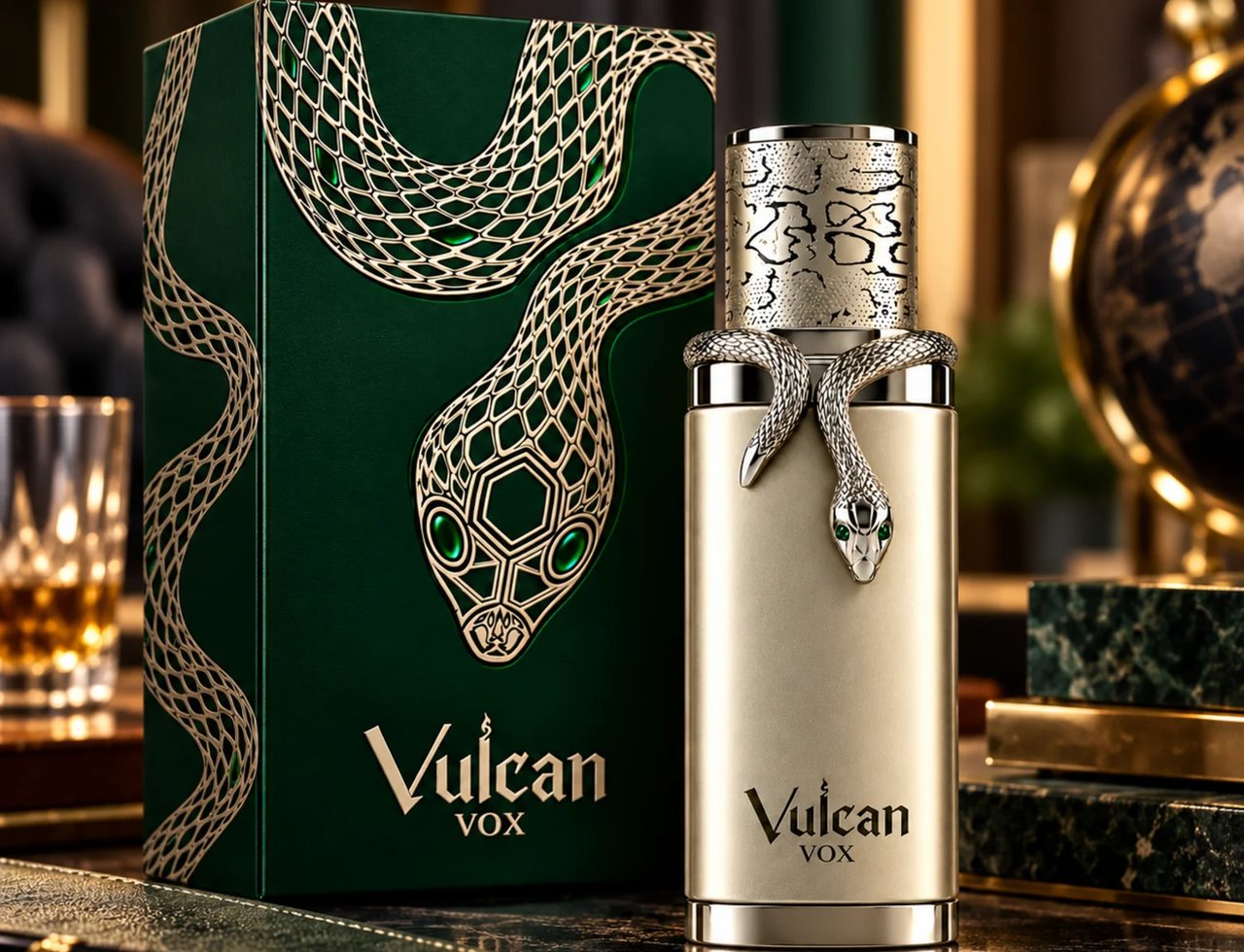 French Avenue Vulcan Vox 100ml EDP Unisex — Green box with gold snake design and matching perfume bottle with snake accent, on a desk with a notebook and pen.