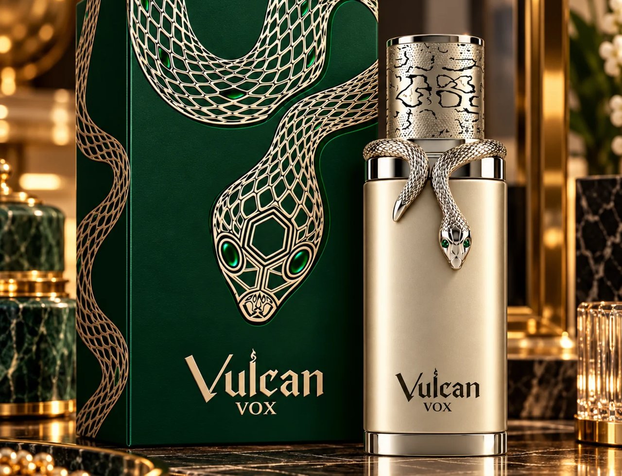 French Avenue Vulcan Vox — Botol minyak wangi emas dengan ular perak melilit lehernya, bersebelahan kotak hijau gelap berhias ular emas. Kedua-duanya memaparkan logo Vulcan Vox.