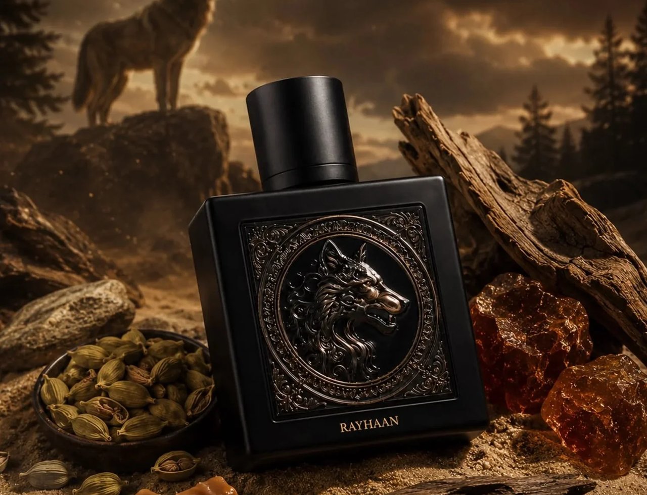 Rayhaan Wolf by Rayhaan 100ml EDP for Men — Botol wangian hitam legam dengan ukiran kepala serigala di bahagian hadapan, diletakkan di atas pasir bersama buah pelaga, ketulan amber dan kayu.