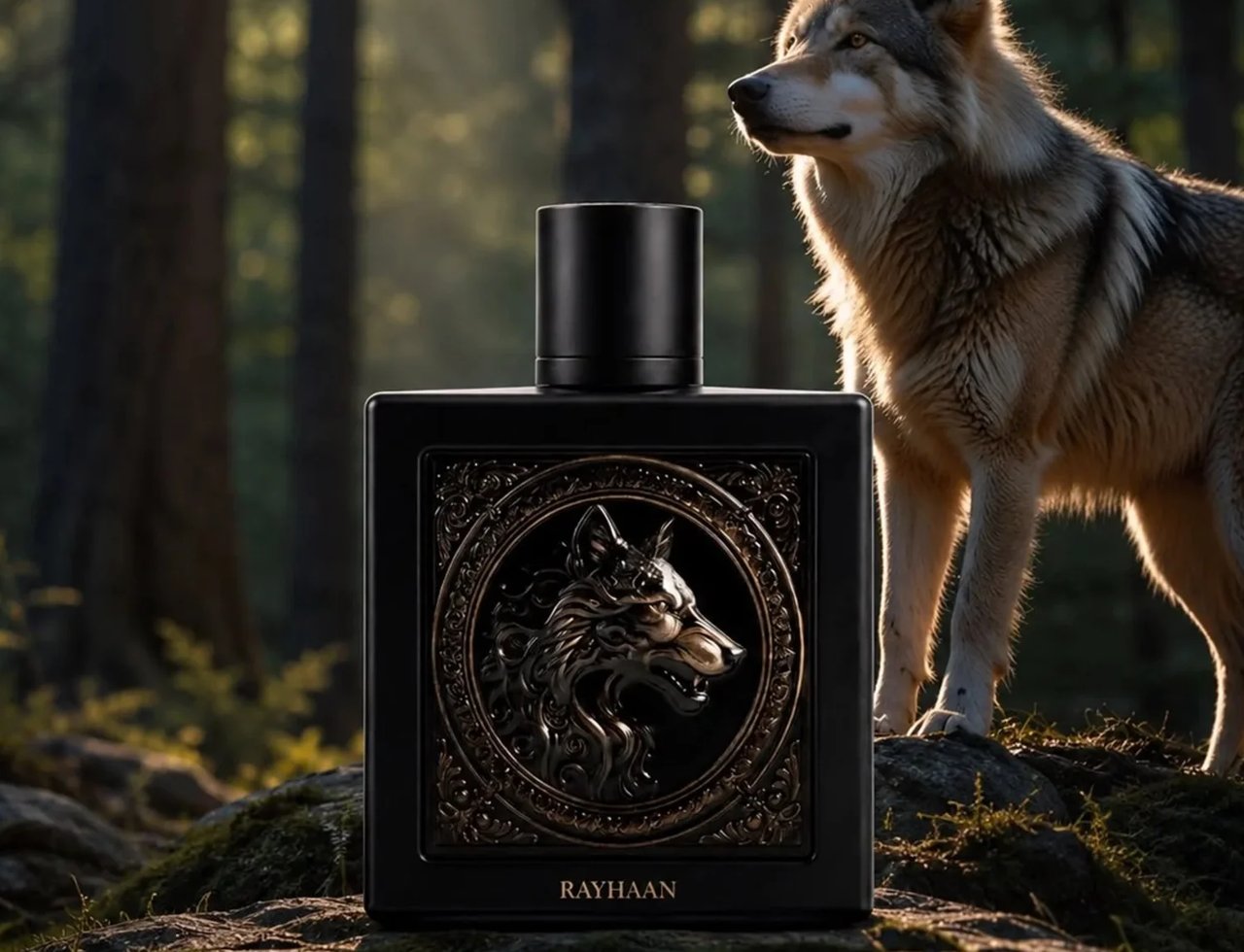 Rayhaan Wolf by Rayhaan 100ml EDP for Men — Black perfume bottle with a wolf emblem, standing on mossy rocks in a forest with a wolf beside it.