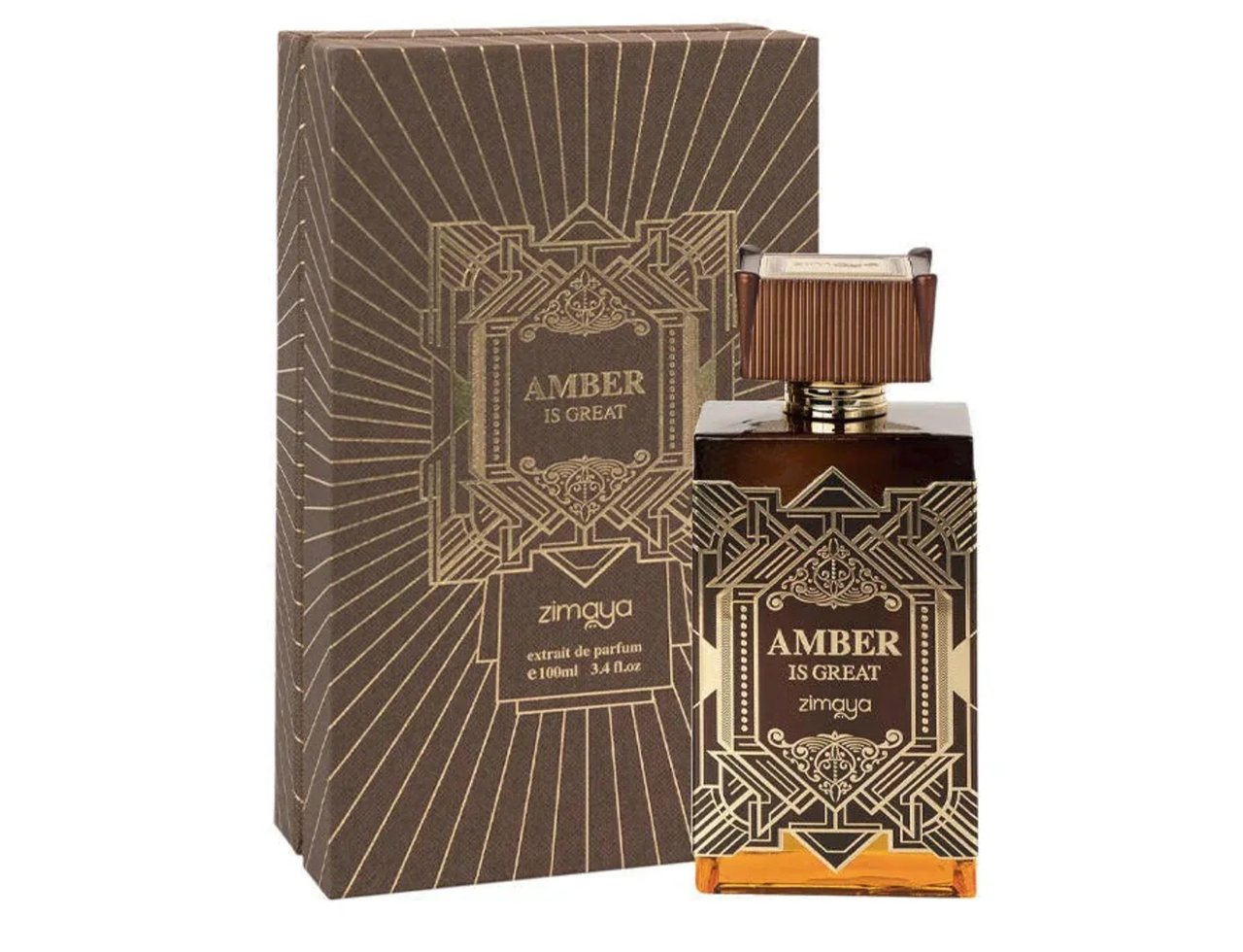 Zimaya Amber Is Great Eau De Parfum 100ml — A brown box with gold geometric patterns stands next to a matching brown glass perfume bottle with a ribbed brown cap and gold geometric label. | Zimaya Amber Is Great Eau De Parfum 100ml — Kotak coklat dengan corak geometri emas berdiri di sebelah botol minyak wangi kaca