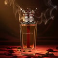 Lattafa Dynasty by Lattafa 100ml EDP Unisex — A luxurious perfume bottle with a crown-shaped cap, set against a dark, smoky background with red velvet and scattered rose petals.