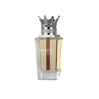 Lattafa Dynasty by Lattafa 100ml EDP Unisex — Clear glass perfume bottle with a crown-shaped silver cap adorned with red gems, featuring a red stripe down the center of the bottle.