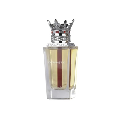 Lattafa Dynasty by Lattafa 100ml EDP Unisex — Clear glass perfume bottle with a crown-shaped silver cap adorned with red gems, featuring a red stripe down the center of the bottle.