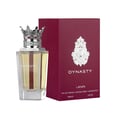 Lattafa Dynasty by Lattafa 100ml EDP Unisex — Clear glass perfume bottle with a silver crown-shaped cap adorned with red gems, next to a maroon box with ornate silver detailing.