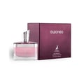 Maison Alhambra Euzonea by Maison Alhambra 100ml EDP for Women — Pink perfume bottle with silver cap next to a plum-colored box with gold deer logo