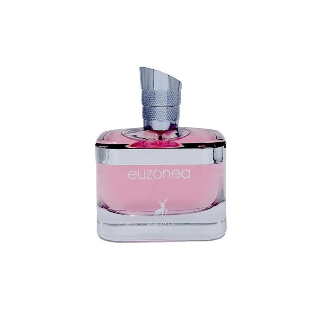 Maison Alhambra Euzonea by Maison Alhambra 100ml EDP for Women — Pink perfume bottle with a silver textured cap and a deer emblem on the front.